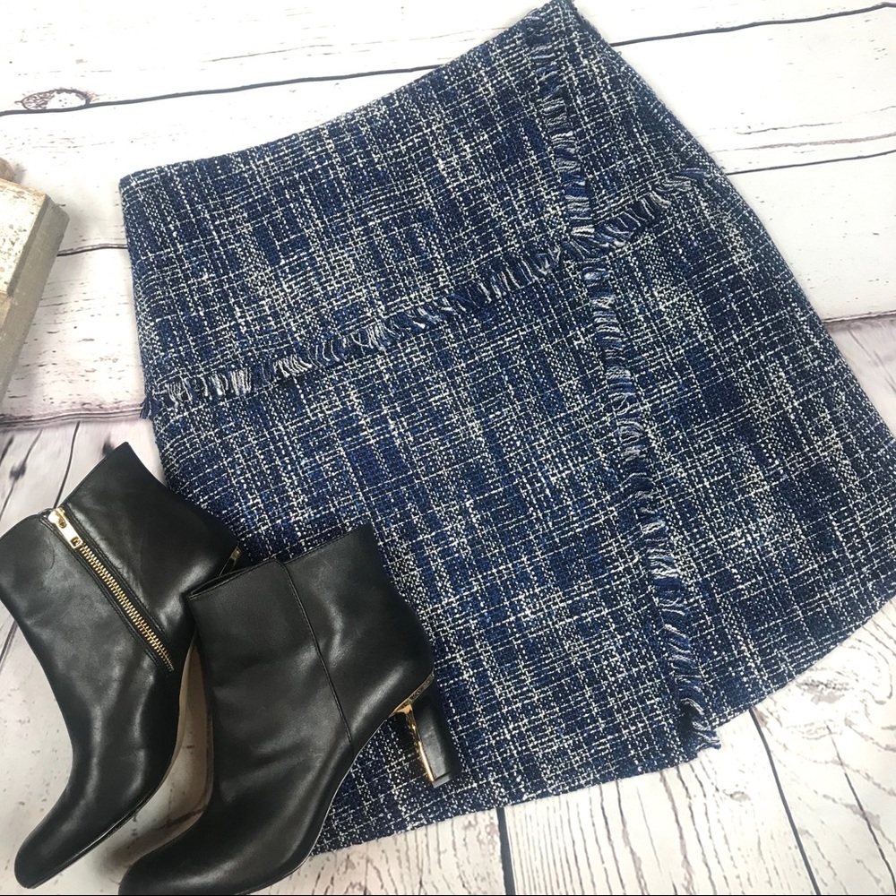 Halogen Blue Tweed Faux Wrap Skirt with Fringe